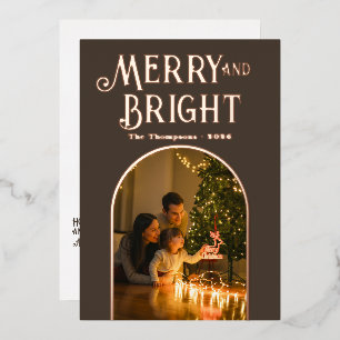 Modern Taupe & Rose Gold Christmas Photo Foil Holiday Card