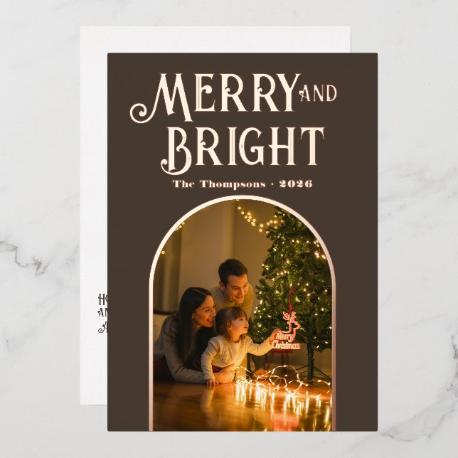 Modern Taupe & Rose Gold Christmas Photo Foil Holiday Card (Front/Back)
