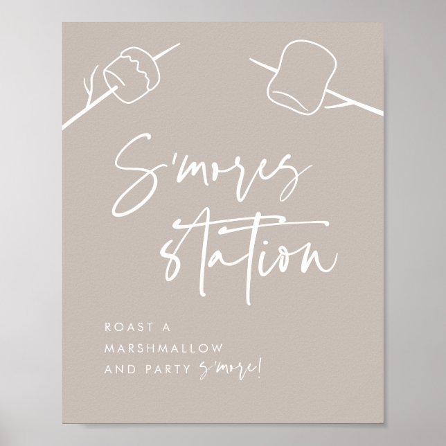 Modern Taupe Script Marshmallow S'mores Station Poster (Front)