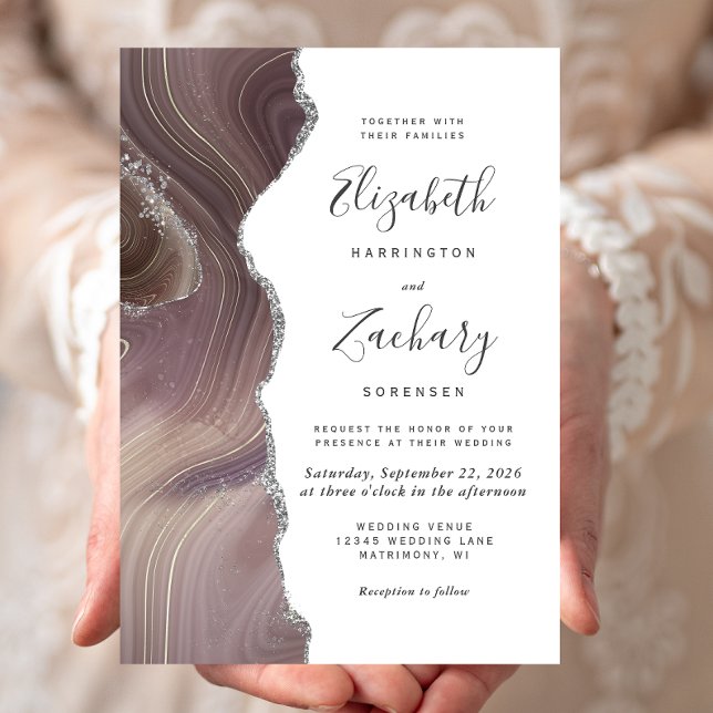 Modern Taupe Silver Agate Wedding Invitation (Creator Uploaded)