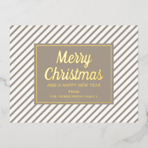 Modern Taupe Stripes Merry Christmas Gold Foil Holiday Postcard