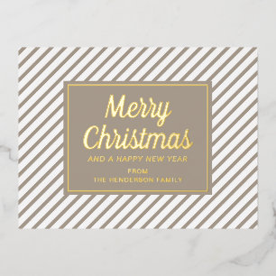 Modern Taupe Stripes Merry Christmas Gold Foil Holiday Postcard