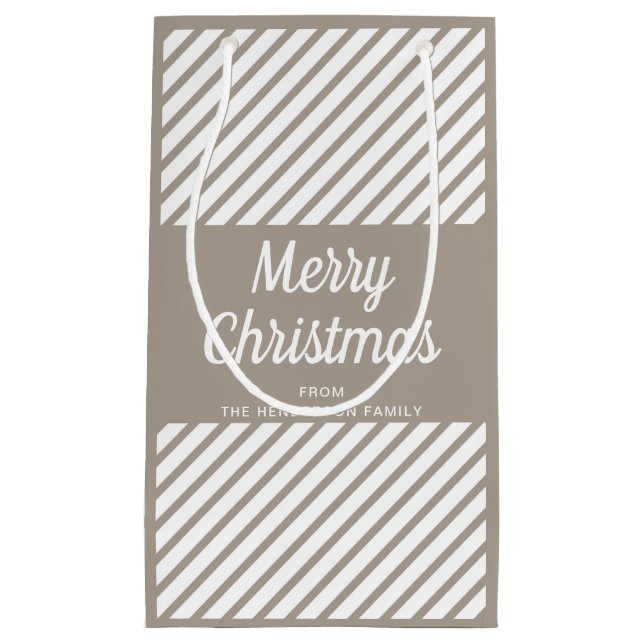 Modern Taupe Stripes Script Merry Christmas Small Gift Bag (Front)