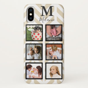 Modern Taupe White Herringbone 6 Photo & Monogram iPhone X Case