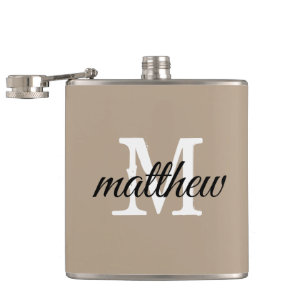 Modern Taupe & White Name Monogram Personalised Hip Flask