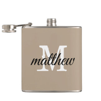 Modern Taupe & White Name Monogram Personalised Hip Flask