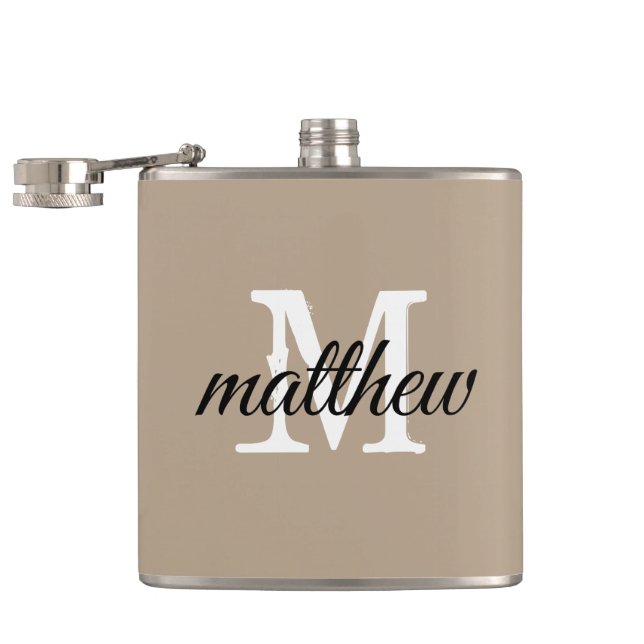Modern Taupe & White Name Monogram Personalised  Hip Flask (Opened)