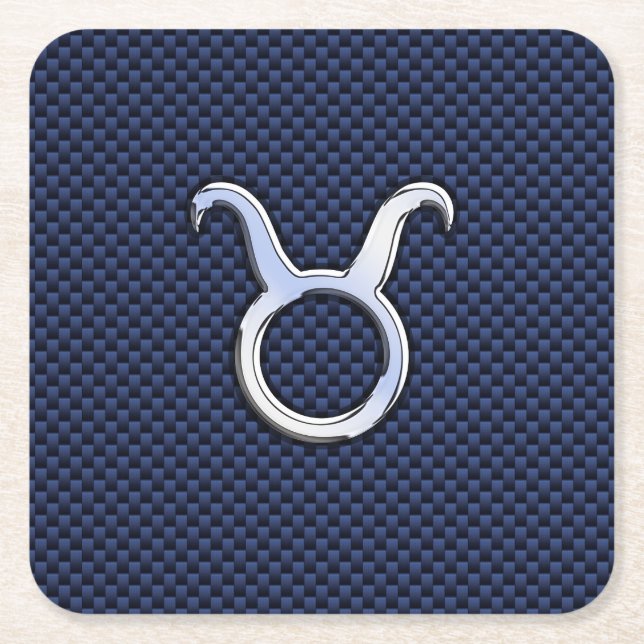 Modern Taurus Zodiac Sign Blue Carbon Fiber Print Square Paper Coaster (Front)