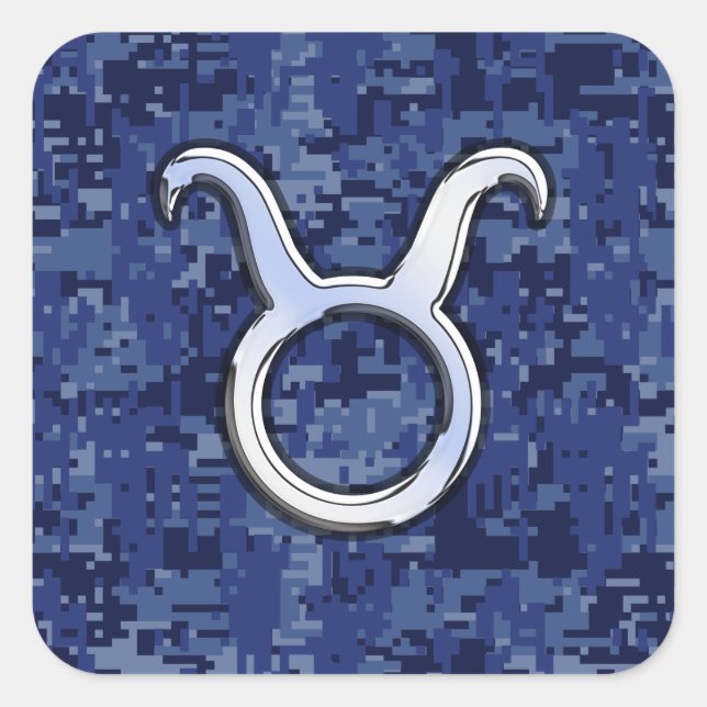 Modern Taurus Zodiac Sign Blue Digital Camouflage Square Sticker (Front)