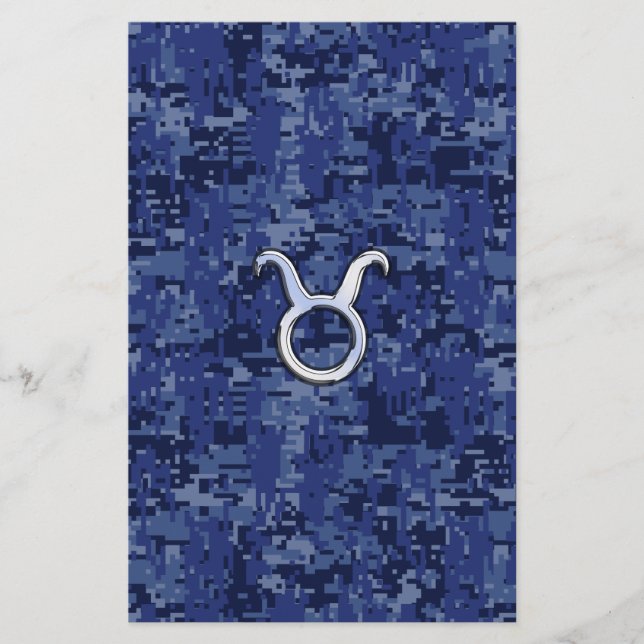Modern Taurus Zodiac Sign Blue Digital Camouflage Stationery (Front)