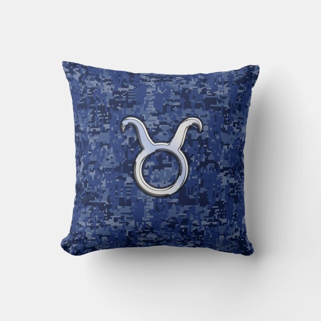 Modern Taurus Zodiac Sign Navy Blue Digital Camo Cushion (Front)