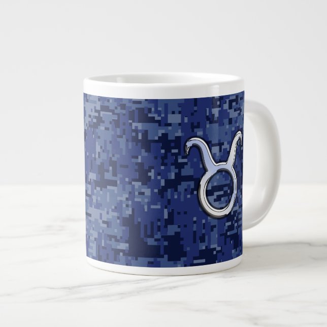Modern Taurus Zodiac Sign Navy Blue Digital Camo Large Coffee Mug (Front Right)