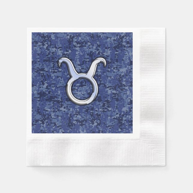 Modern Taurus Zodiac Sign Navy Blue Digital Camo Napkin (Front)