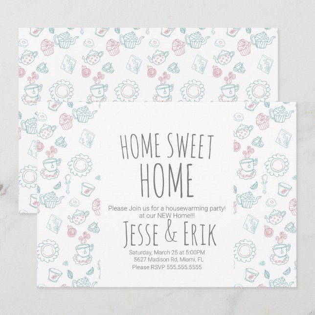 Modern Tea Doodles Housewarming Party Invitation (Front/Back)