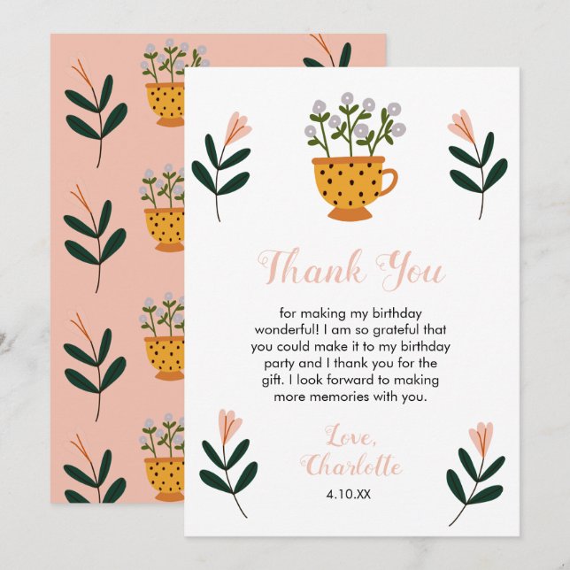 Modern Tea Party Floral Birthday Thank You Card (Front/Back)