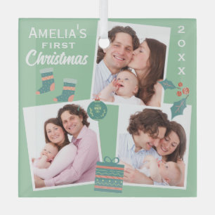 Modern Teal 3 x Photo Baby's First Christmas Glass Tree Decoration