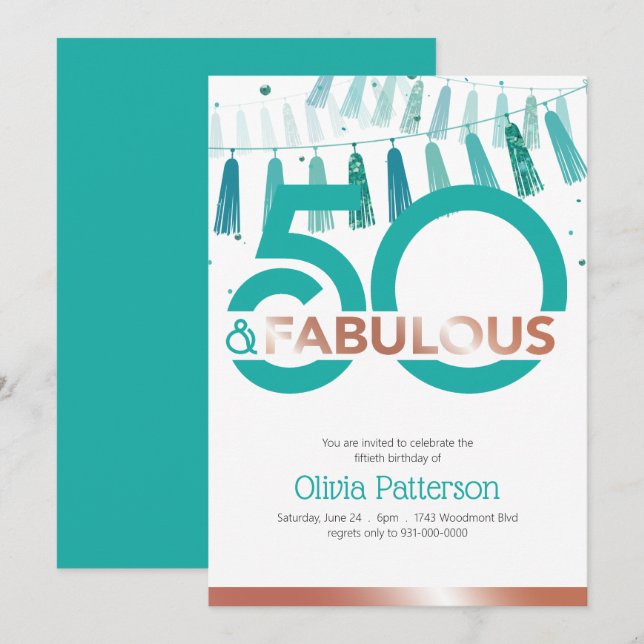 Modern Teal 50 and Fabulous Fifty Birthday Invitation (Front/Back)