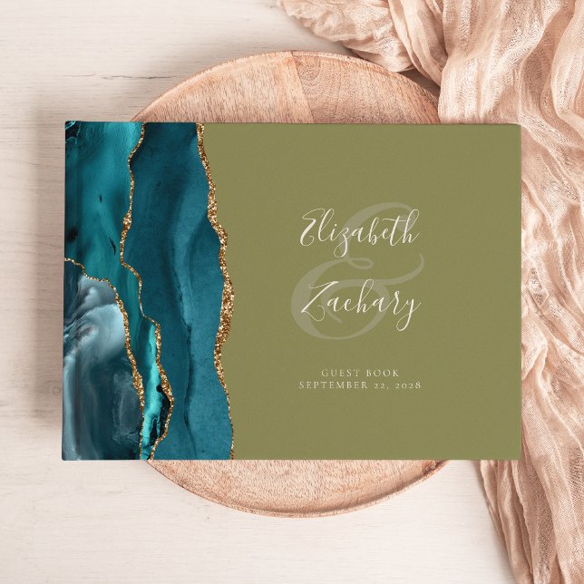Modern Teal Agate Gold Script Olive Green Guest Book (Creator Uploaded)