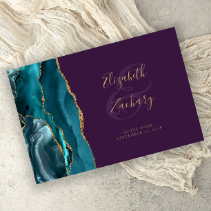 Modern Teal Agate Gold Script Purple Guest Book