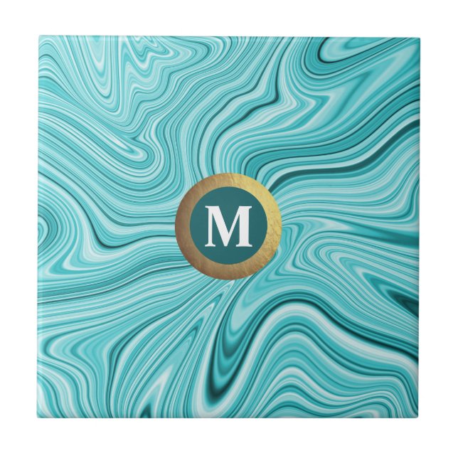 Modern teal agate monogram  tile (Front)