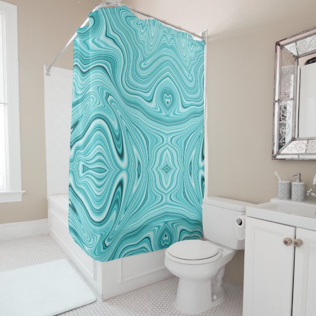 Modern teal agate shower curtain (In Situ)