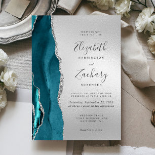 Modern Teal Agate Silver Wedding Invitation