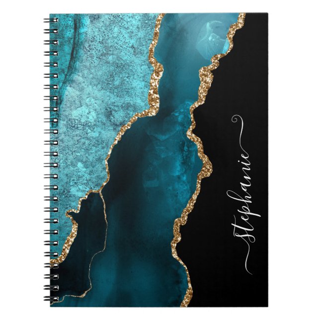 Modern Teal Agate Watercolor Gold Personalised Notebook (Front)