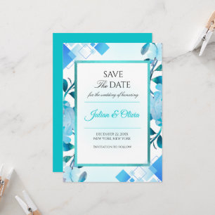 Modern Teal and Blue Geometric Save the Date Card