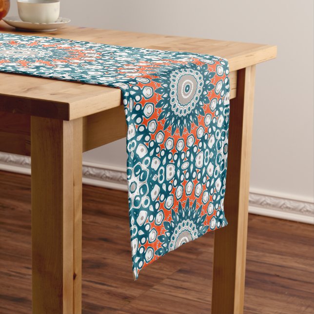 Modern Teal and Coral Mandala Pattern Medium Table Runner (In Situ)