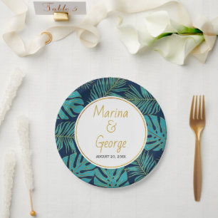 Modern teal and gnavy tropical leaves wedding paper plate