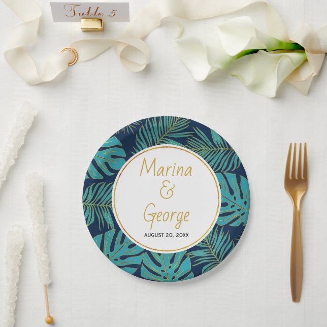 Modern teal and gnavy tropical leaves wedding paper plate (Wedding)