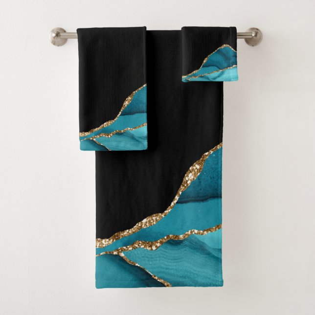 Modern Teal and Gold Agate Stone  Bath Towel Set (Insitu)