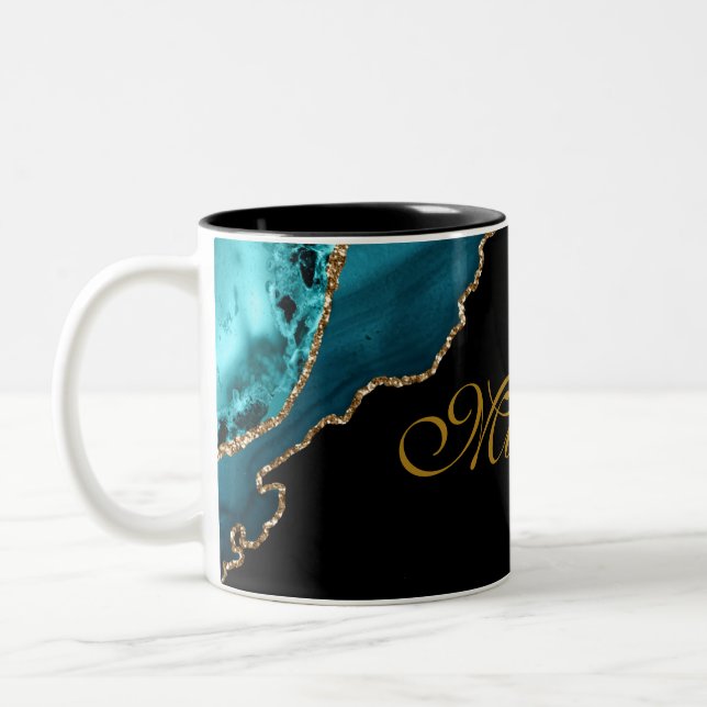 Modern Teal and Gold Agate Stone Personalised  Two-Tone Coffee Mug (Left)