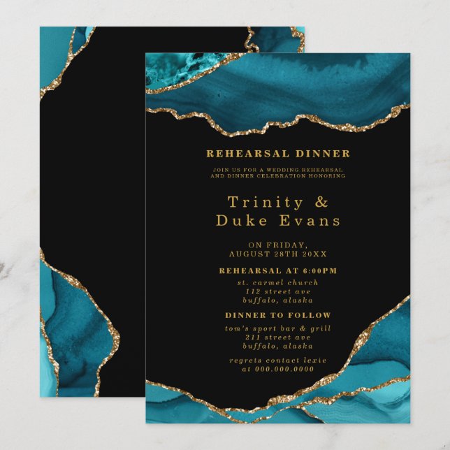 Modern Teal and Gold Agate Stone Rehearsal Dinner Invitation (Front/Back)