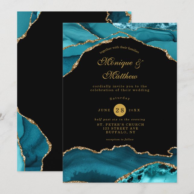 Modern Teal and Gold Agate Stone Wedding  Invitation (Front/Back)