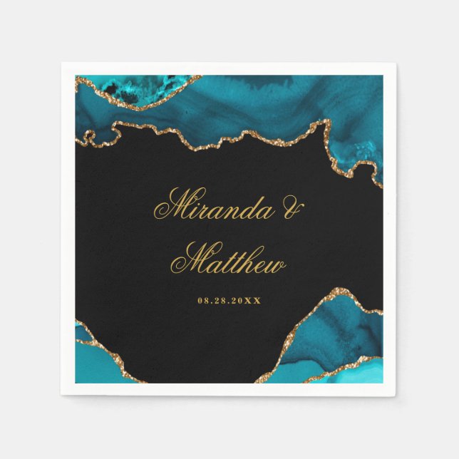 Modern Teal and Gold Agate Stone Wedding  Paper Pl Napkin (Front)