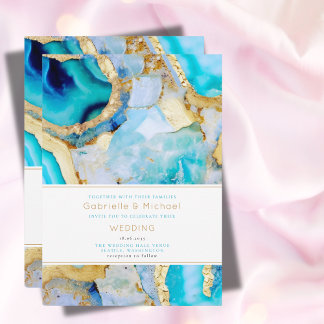 Modern Teal and Gold Agate Trendy Wedding  Invitation
