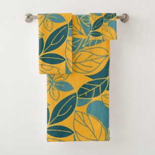 Modern Teal and Gold Botanical Leaf Bath Towel Set