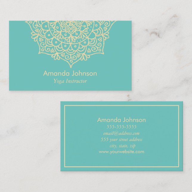 Modern Teal and Gold Mandala Yoga Instructor Business Card (Front/Back)