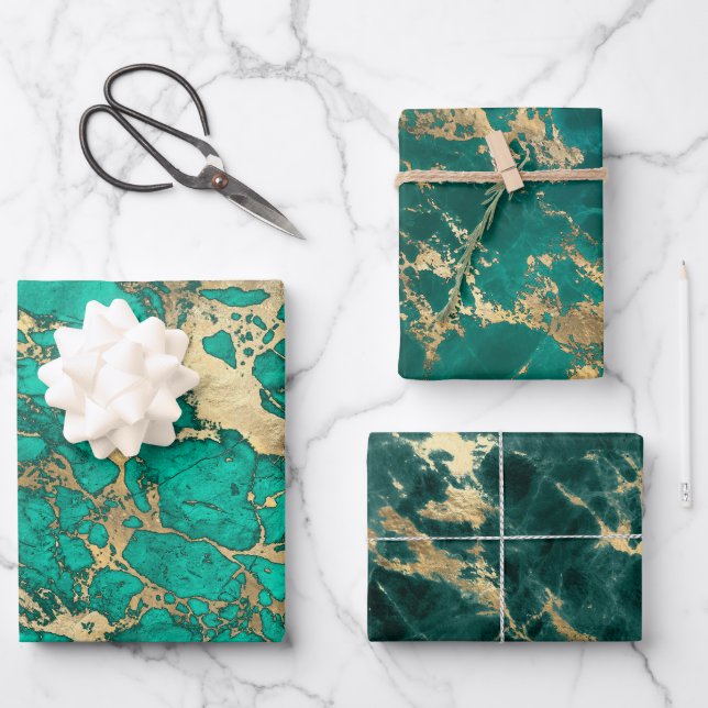 Modern Teal and Gold Marble Patterns Wrapping Paper Sheet (Front)