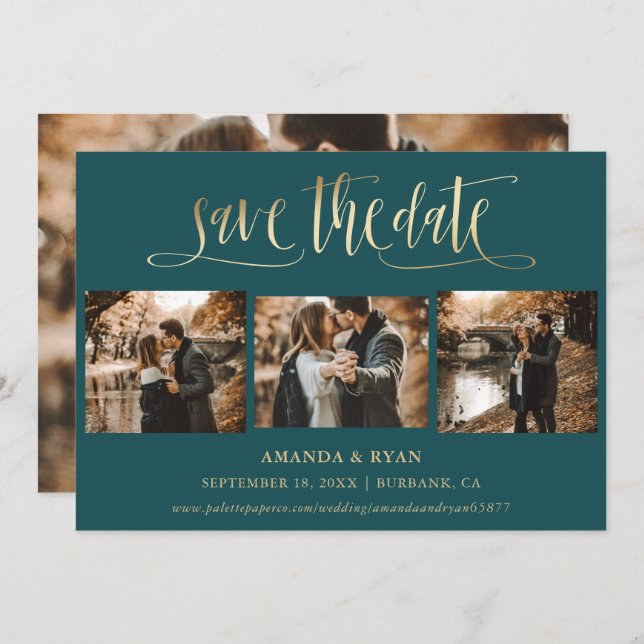 Modern Teal and Gold Wedding 4 Photo Save The Date (Front/Back)