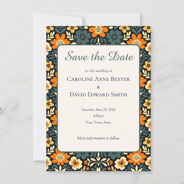 Modern Teal and Orange Floral Design Save the Date (Front)