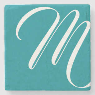 Modern Teal And White Script Monogram Stone Coaster
