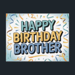 Modern Teal and Yellow "HAPPY BIRTHDAY BROTHER"  Postcard<br><div class="desc">A clean and festive 2D digital illustration featuring the message "HAPPY BIRTHDAY BROTHER" in a bold, outlined sans-serif font. The typography uses a stylish teal and yellow color scheme, centered against a light blue sunburst background. The composition is framed by glossy balloons, swirling gold and teal streamers, and delicate star...</div>