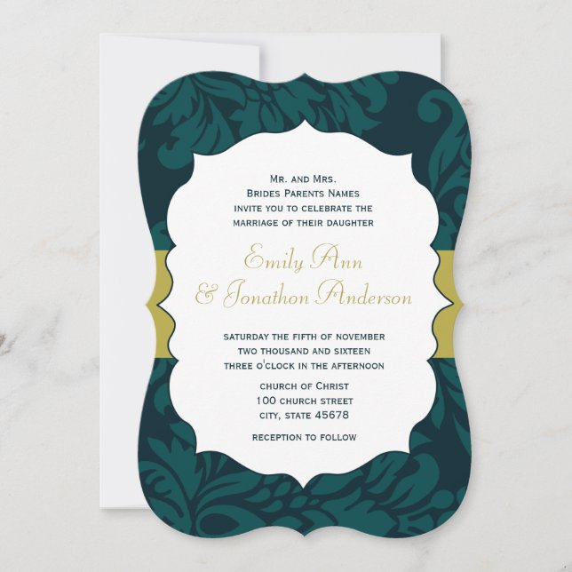 Modern Teal Aqua and Lime Damask Wedding Invite (Front)