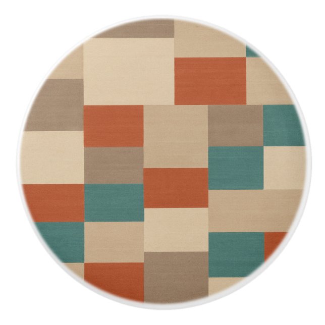 Modern Teal & Beige Geometric Blocks Ceramic Knob (Front)