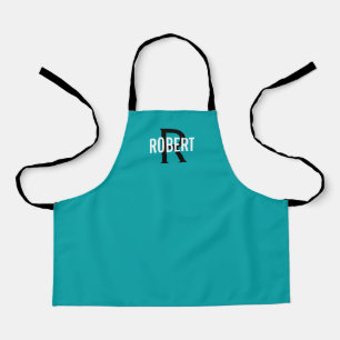 Modern teal black monogram boy name apron