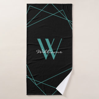 Modern Teal Black Monogram Geometric Name Script Bath Towel