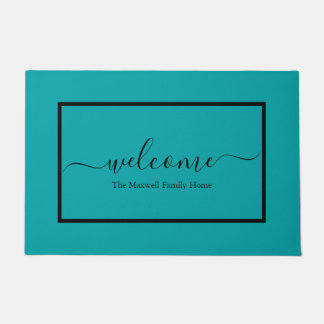 Modern teal black script family name welcome doormat