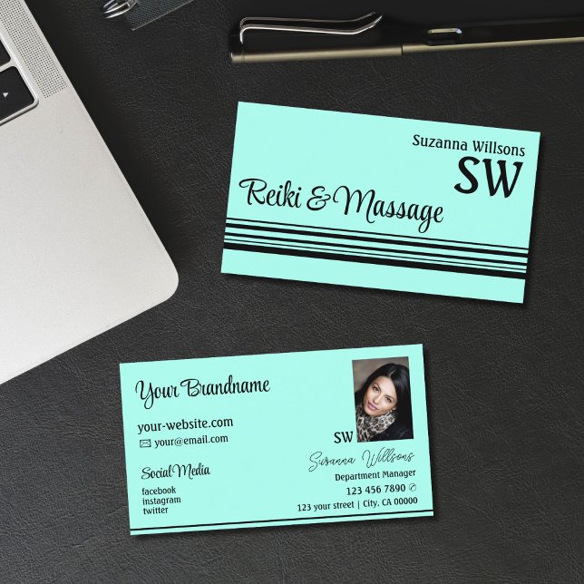 Modern Teal Black Stripes with Monogram and Photo Business Card (Creator Uploaded)